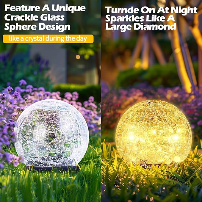 Coroor Garden Solar Ball Lights Outdoor Waterproof 50 LED Cracked Glass Globe Solar Power Ground Lights for Path Yard Patio Lawn Christmas Decoration Landscape Warm White(2 Pack 4.7'')