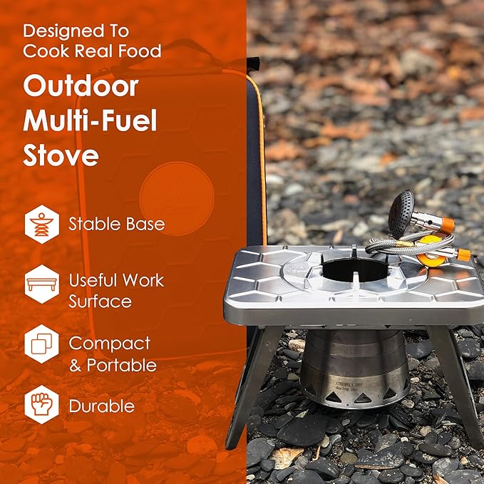 nCamp Kitchen to Go 5 Piece Bundle Portable Compact Multi-Fuel Burning Camping Stove ISO Propane Adapter Elevated Bamboo Cutting Board Prep Surface Cafe Coffee Maker Carrying Bag For Camping