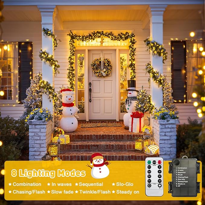 JMEXSUSS Battery Operated Christmas Lights with Remote Each 33 FT String Lights Indoor Outdoor Waterproof 2 Pack 100 LED Warm White Christmas Tree Light for Outside Party Garden Yard Porch Decor