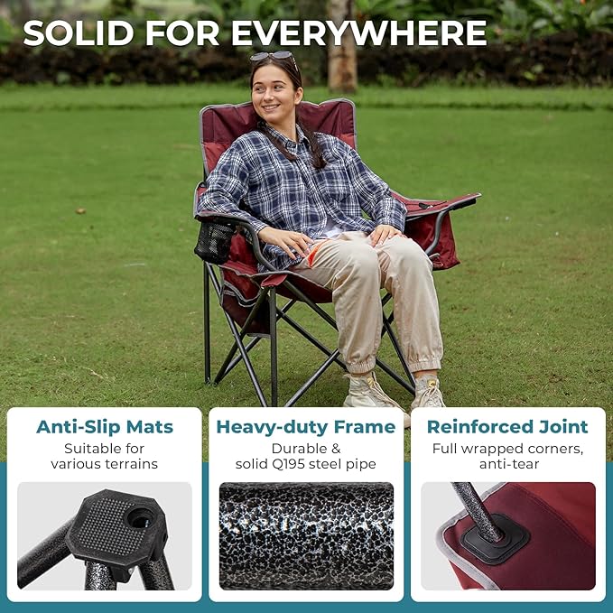 FUNDANGO Oversized Camping Chairs for Adults Heavy Duty Fold Up Sports Games Lawn Chairs Extra Wide Big Man Outdoor Chairs with Padded Lumbar Support Backrest Bag Included for Camp Beach 2 Pack