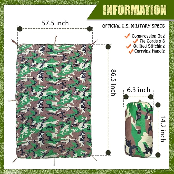 Woobie Blanket Thermal Insulated Military Poncho Liner Water-Resistant Portable Insulation for Hiking Survival with Compression Carry Bag (Forest)