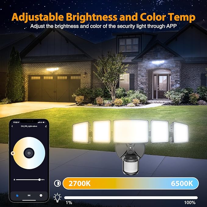 Onforu 5 Heads 120W 12000LM Smart LED Security Lights Motion Sensor Outdoor APP Control 340° Illumination WiFi Alexa Flood Light 2700K-6500K Exterior Motion Detector IP65 Wall Light for Yard Black