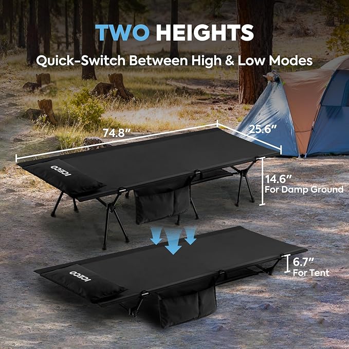 ICECO Camping Cot for Adults Height Adjustable with Cot Leg Extenders Strong Support 330lbs 900D Oxford Fabric Ultralight Comfortable Sleeping Bed for Camping Hiking Beach Home (L-Black)