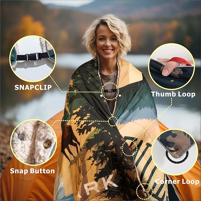 Sherpa Puffy Outdoor Blanket for Camping Traveling Car Picnics Beach Concert Stadium Sporting Events - Wearable Machine Washable Soft Warm Waterproof - 55 X 78 (Yellowstone NP)