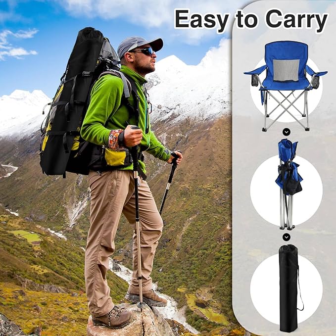 Simple Deluxe Outdoor Foldable Camping Chair with Sturdy Material and 300lbs Capacity Foldable Camping Chair with Cup Holder and Carrying Bag for Parks Beaches Fishing and Camping Blue