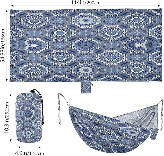 Navy Blue Tile Camping Hammock Portable Hanging Hammock with Tree Straps Up to 330lbs for Travel Outdoor Garden Patio