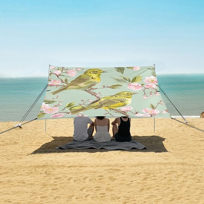 ALAZA Cherry Blossom Bird Beach Tent Sun Shelter UPF50+ Protection Beach Shade Canopy w/ 4 Sandbags for Outdoor Camping Fishing Backyard Fun Picnic 10x9 ft