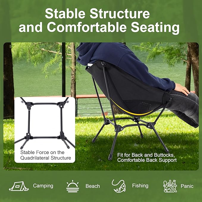 Camping Chair Portable Lightweight Camping Chairs for Adults Foldable 600D Oxford Ultralight Backpacking Chair with Breathable Mesh and Pocket for Outdoor Travel Hiking Black