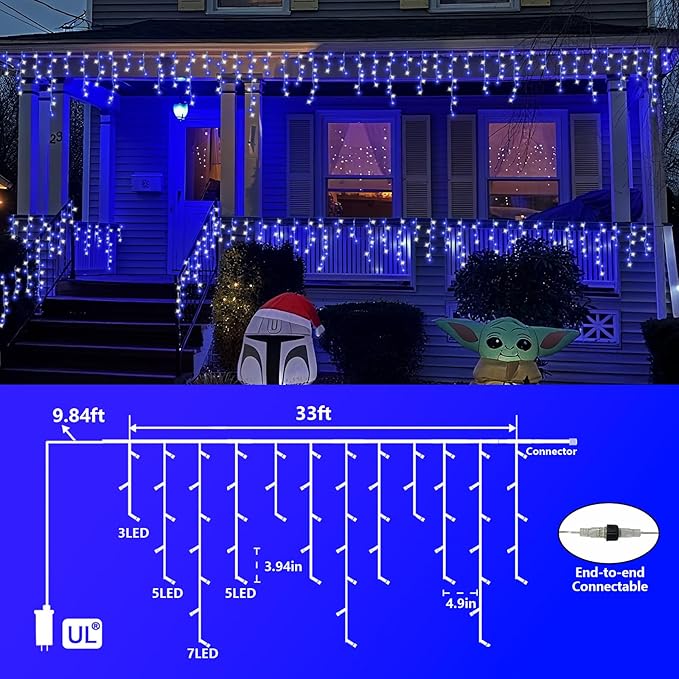 QITONG Blue and White Icicle Lights for Outside 33ft 400 LED String Light Indoor Plug in 8 Modes Connectable Icicle Christmas Light Clear Wire