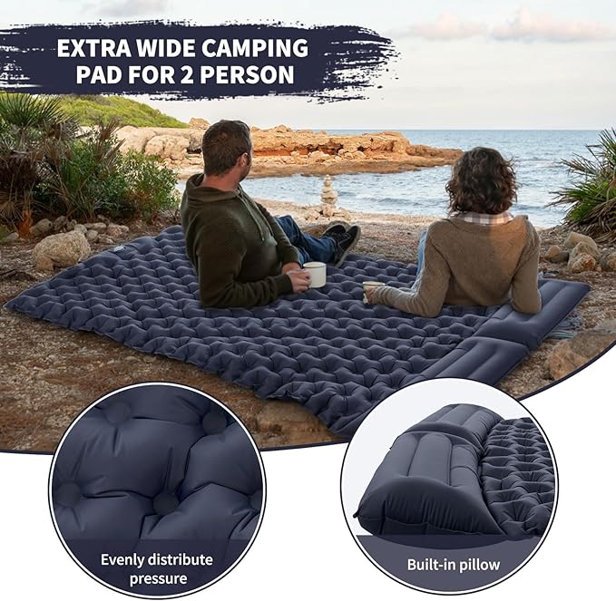 Camping Double Sleeping PadUltralight Self Inflating Sleeping Mat for 2 Person with Pillow Built-in Foot PumpPortable Camping Air Mat for Backpacking Hiking Traveling Tent
