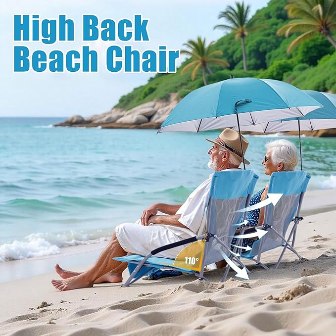 Lamberia Folding Beach Chair with Umbrella for Adults Portable Low Beach Chairs with 300lbs Capacity Lightweight Fodable Camping Chair for Travel Picnic Concert &amp Outdoor Activities Blue
