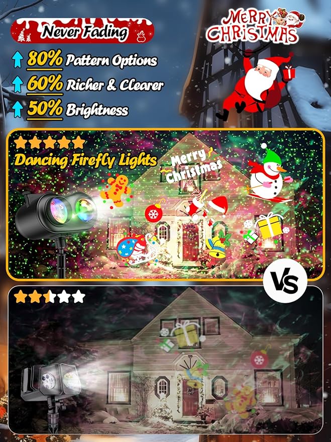 3-in-1 Christmas Projector Lights Outdoor Anysun Brighter 80 HD Patterns Christmas Decor 8-Pattern Ocean Wave Snowflake Starry Lights Show Christmas Projector Waterproof with Timer for House Party