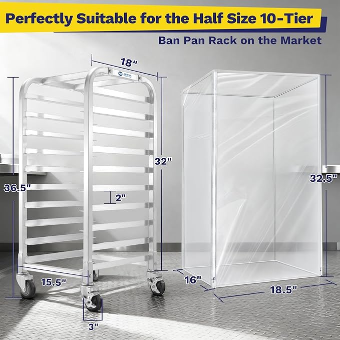 10-Tier Half Sheet Pan Rack with Cover Bun Pan Rack Cover Aluminum Bakery Racks Home Commercial Kitchen Bakery Cooling Rack Speed Rack with 4 Wheels