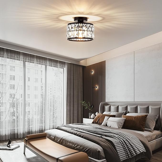 Crystal Ceiling Light Fixture Modern Semi Flush Mount Ceiling LightCrystal Chandelier for Kitchen Bedroom Bathroom Entryway Black Finish