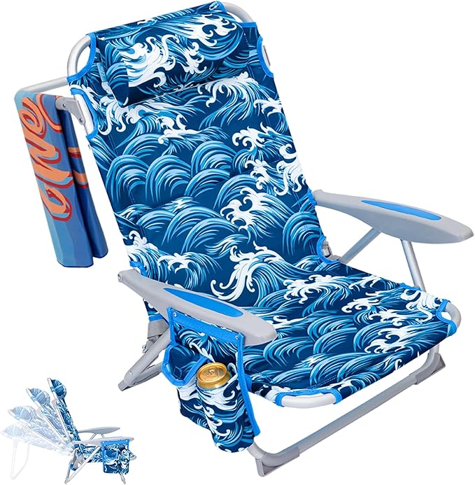 #WEJOY Folding Beach Chair for Adults 4-Position Lightweight Beach Chair Low Beach Chairs with Shoulder Strap Cup Holder and Headrest Supports 265lbs for Beach LawnDarkblue/White