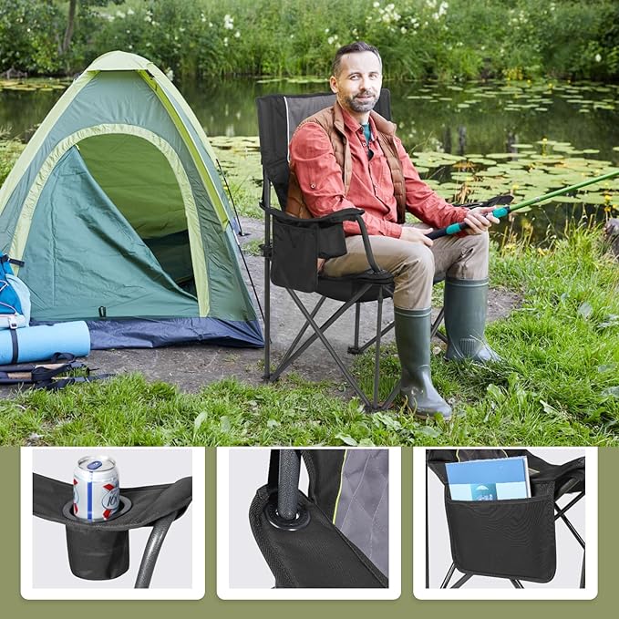 Folding Camping Chairs for Adults Padded Folding Chairs for Outside Heavy Duty with Cup Holders &amp Side Pocket Support up to 500 lbs Black