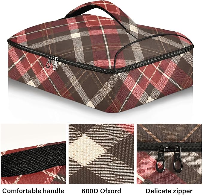 Casserole Carrier Red and Brown Tartan Print Insulated Casserole Carrier for Hot or Cold Food Thermal Lunch Tote for Parties Picnic Travel Carry Bag