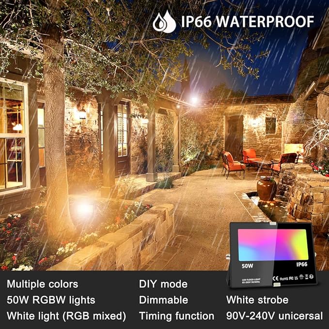 MELPO LED Flood Light Outdoor 500W Equivalent 5000LM Smart RGB Landscape Lighting with APP Control DIY Scenes - Timing - Warm White 2700K - Color Changing Uplight IP66 Waterproof US Plug (4 Pack)