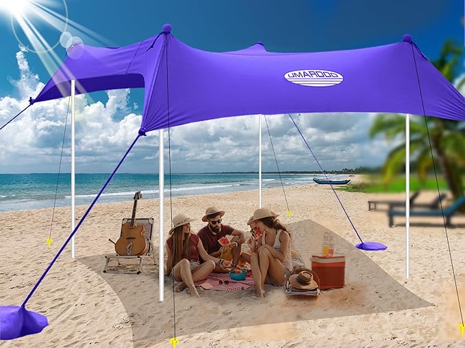 UMARDOO Family Beach Tent Canopy Sun Shade Portable 10×10FT Large Wind Resistance Beach Sun Shelter Easy Setup with Packable Carry Bag for Outdoor Travel UPF 50+(Purple)