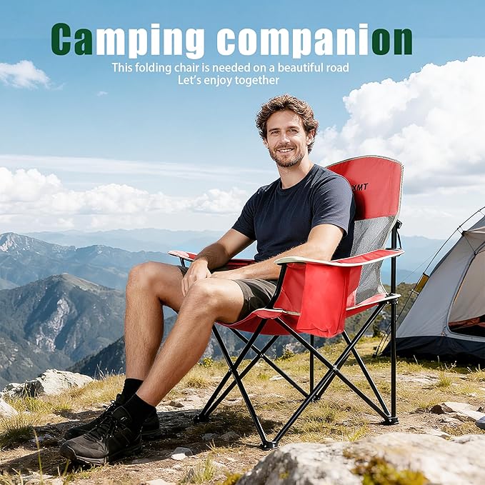 Portable Outdoor Folding Chair with Cup Holder &amp Cooler Bag - Breathable Mesh Wide Armrests Ergonomic Design for Camping Beach Backyard - Includes Storage Bag &amp Bottle Opener (Black/Green/