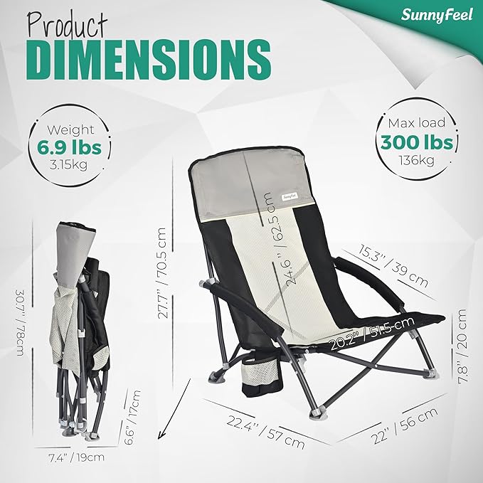 SUNNYFEEL Low Folding Beach Chair for Adults Portable Lightweight Sling Beach Camping Chairs with Cup Holder ArmrestFoldable Camp Lawn Chair for Outdoor Sand Concert Travel Sport Events300LBS