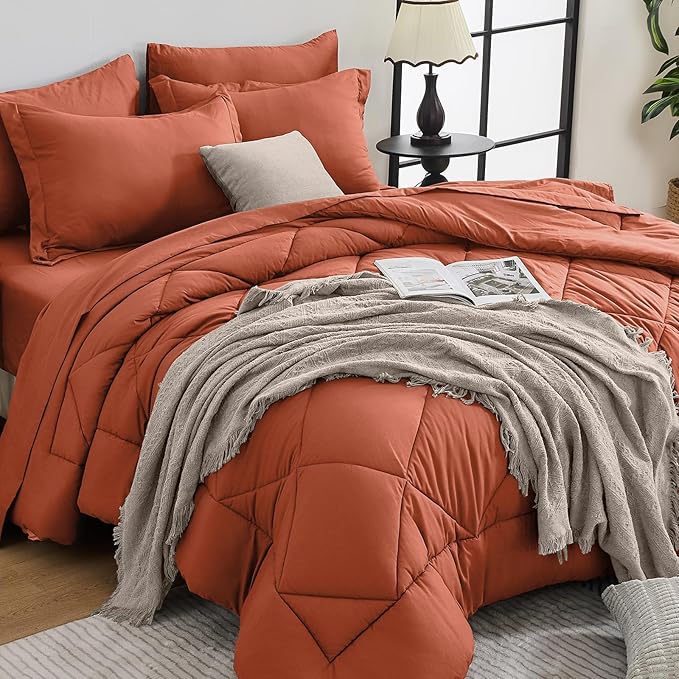 HEVUMYI Burnt Orange Twin-XL Comforter Set - 5-Piece All Season Bed in a Bag Twin-XL Ultra Soft Bedding Set with Comforter Flat Sheet Fitted Sheet Pillowcases Pillow Shams