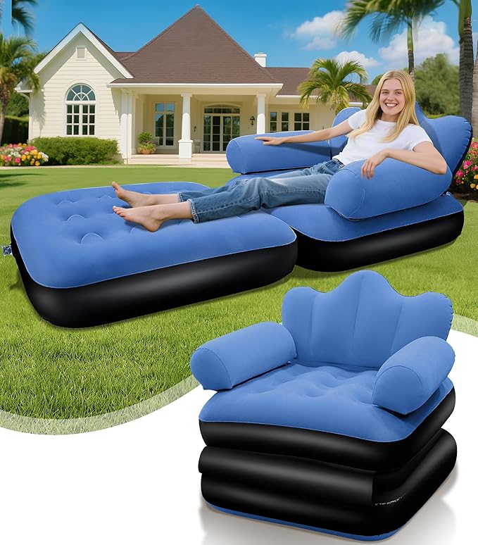 SeaSlep Blow Up Pull Out Couch with HeadboardInflatable Couch with Flocked SurfaceFolding Inflatable Chair for AdultsPortable Air Sofa BedDurable Air CouchesInflatables couches for Camping-1pc