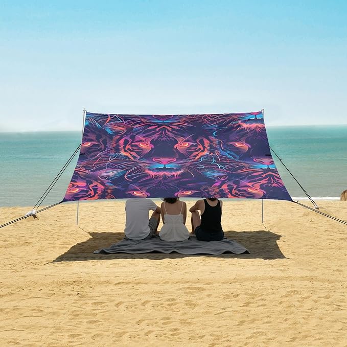 ALAZA Neno Tiger Face Beach Tent Sun Shelter UPF50+ Protection Beach Shade Canopy w/ 4 Sandbags for Outdoor Camping Fishing Backyard Fun Picnic 10x9 ft