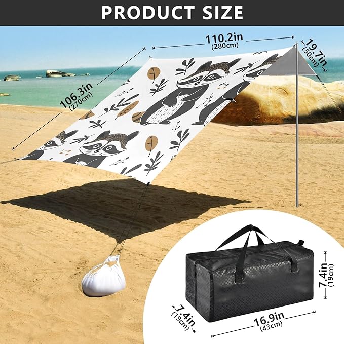 Cute Raccoon in Doodle Style Camping Sun Shelter Beach Tent Portable Beach Sun Shade Outdoor Canopy for Camping Trips Fishing Picnic