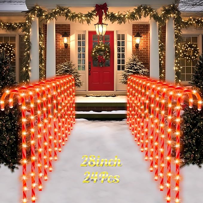 COOWUFAN 28 Christmas Candy Cane Pathway Markers Lights Set of 24 Pack Christmas Outdoor Decorations Waterproof Candy Cane Decor for Indoor Outside Yard Garden Patio Lawn