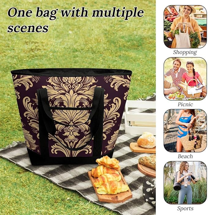 Insulated Shopping BagLarge Reusable Cooler Bags Damask Pattern Printed Foldable Shopping BagTravel Waterproof Shoulder Bag
