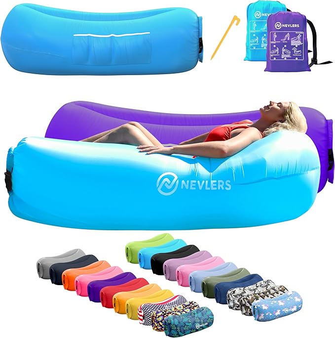 Nevlers Blue &amp Purple Inflatable Lounger 2 Pack | 210T Polyester Inflatable Chair | No-Pump Air Couch | Blow Up Couch Set w/ 450 lbs. Capacity Pockets &amp Carry Bags for Use as Beach Accessorie