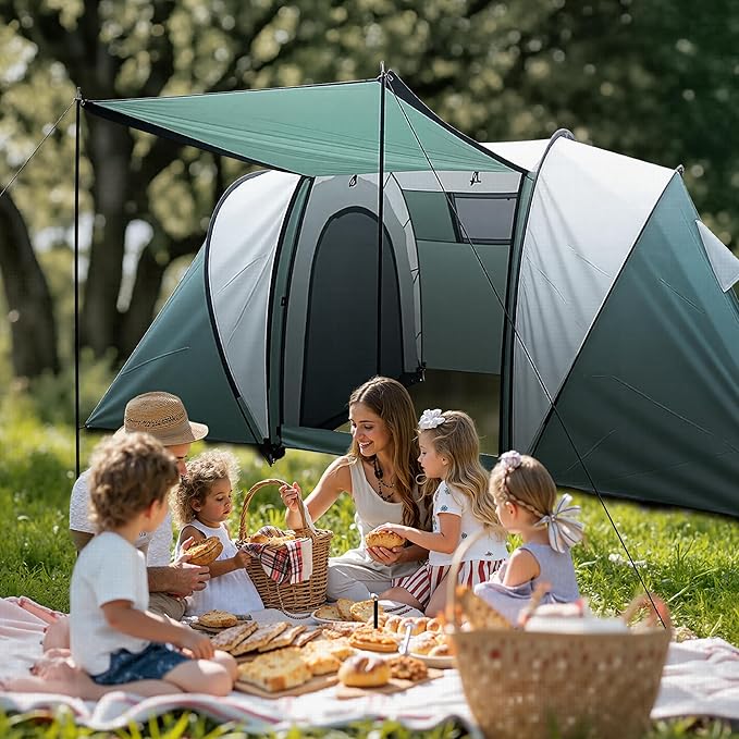 Large Camping Tent Family Tent 4~5 People 177 * 87 * 71 inches Waterproof Mesh Roof 2 Bedrooms and 1 Living Room (8 Person Grmy Green+Gray)