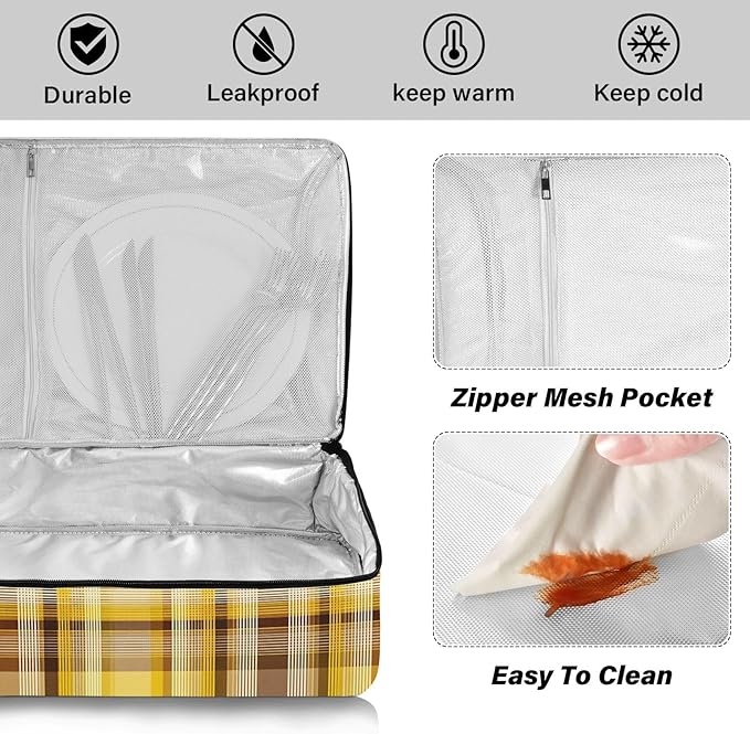 Casserole Carrier Print Yellow and Brown Tartan Pattern Insulated Casserole Carrier for Hot or Cold Food Thermal Lunch Tote for Parties Picnic Travel Carry Bag