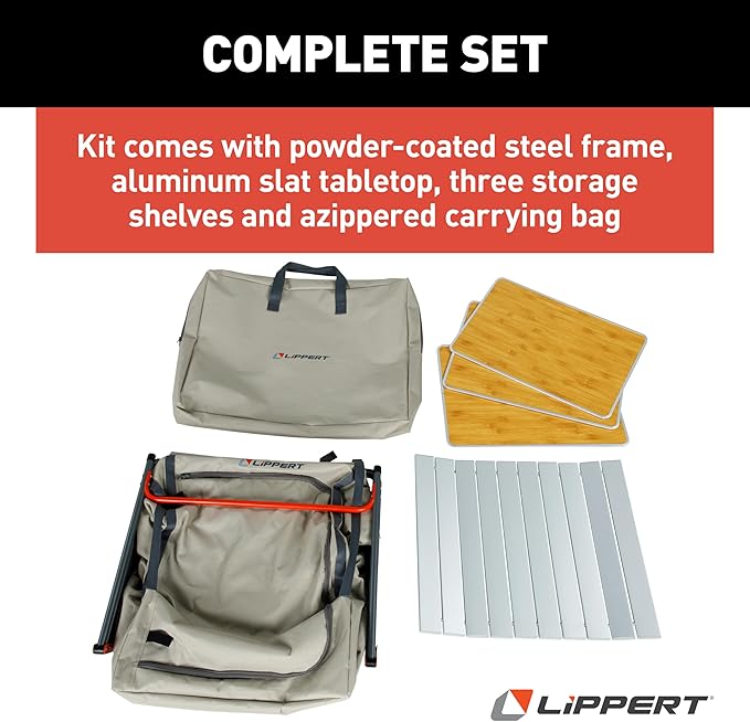 Lippert Sand Outdoor Folding Camping Pantry with Three Storage Shelves 600D Polyester Fabric Powder-Coated Steel Frame Aluminum Slat Top Collapsible Design - 2023053723