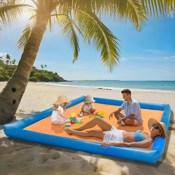 Beach Blanket Large Beach Blanket Sandproof 79x83 Beach Mat for Family Beach Mats with Pillow Camping Sleeping Mat Portable Outdoor with Side Walls Beach Essentials (Blue-Orange)