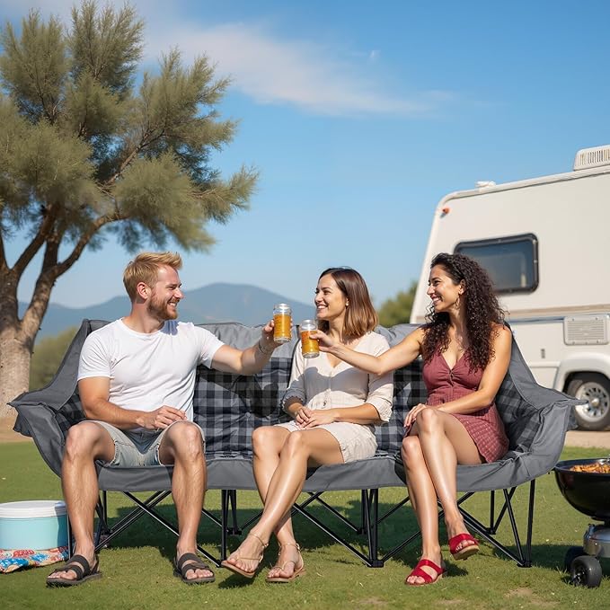 3 Person Camping Chair Padded Loveseat Camping Chair Folding Camping Couch Portable Double Camping Chairs Heavy Duty Camp Chair for Adults Outdoor Lawn with Two Cup Holders and Carry Bag