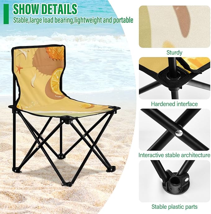 Pineapple and Beach Portable Camping Chairs Folding Chair - Durable Oxford Fabric Lightweight Iron Frame Easy Fold Design - Ideal for Outdoor Activities Camping Fishing and Travel