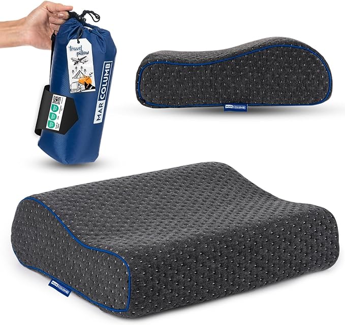 Travel &amp Camping Comfortable Memory Foam Pillow – Easy to Carry Portable Bag – Temperature Regulating Pillow Case - Perfect for Travelling (Grey Contour II)
