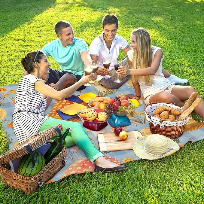 Waterproof Sandproof Beach Blanket 59''×68'' Plants Mushrooms Polyester Outdoor Picnic Blanket with 4 Stakes &amp Storage Bag for BeachCampingVacation Orange