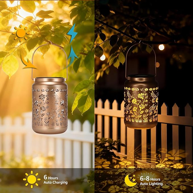 Lyeasw Garden Decor Hummingbird Solar Lanterns 7 Inches Waterproof Hanging Lights for Outside Metal Outdoor Decorations for Patio Yard Pathway Birthday Gifts for Women(Bronze)