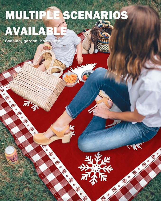Beach Blanket Waterproof Sandproof Christmas Winter Snowflake Animal Elk Tree Quick Drying Beach Mat with 4 Stakes Red Buffalo Plaid Shadow Lightweight Picnic Blanket for Travel Camping 108x84