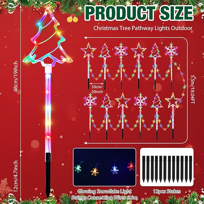 12 Pack Outdoor Snowflake Walkway Lights Plug in Christmas Pathway Lights 8 Modes Xmas Waterproof LED Garden Stake Light for Walkway Porch Yard Lawn(Multicolor)