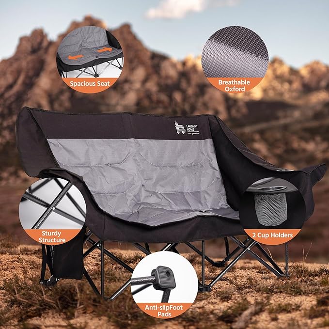 LAUSAINT HOME Double Camping Chair Oversized Camping Loveseat with Cup Holder Heavy Duty Portable Camping Couch Outdoor Double Folding Chair for Patio Lawn and Garden Black