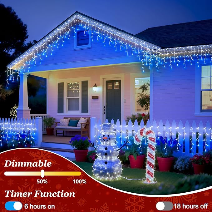 612 LED String lights Indoor Outdoor 60ft Christmas Window Lights with 136 Drops 12 Modes Dimmable Curtain Lights Fairy Lights for Bedroom Holiday Wedding Party Home Decorations Blue &amp White