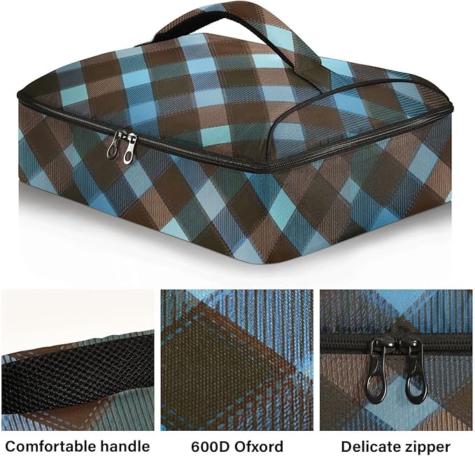 Casserole Carrier Blue and Brown Tartan Pattern Print Insulated Casserole Carrier for Hot or Cold Food Thermal Lunch Tote for Parties Picnic Travel Carry Bag