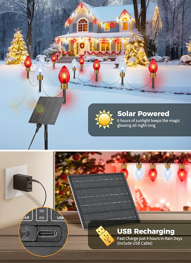 Brightown Solar Strawberry Jumbo Christmas Lights Outdoor - 18FT 10 LED Jumbo C9 Christmas Pathway Lights with Timer8 Modes Solar Christma Outdoor Decorations for Lawn Outside Red &amp Pure White