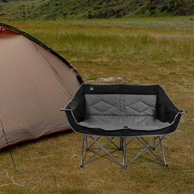 Northroad Folding Loveseat Camping Chair Portable Double Duo Full Padded Garden Chair for 2 Person Sofa w/ 2 Cup HolderWine Glass HolderMesh StorageSupport 500lbs for Picnic Beach Travel