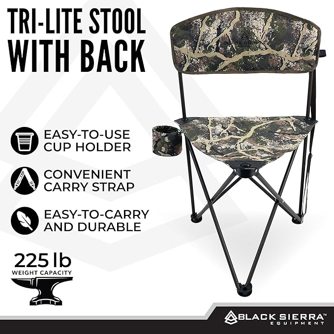 Black Sierra Tri-Lite Stool w/Back Lightweight Portable Fishing Chair w/Cupholder and Carry Strap Supports 225-Lb Portable Outdoor Chair for the Hunting Blind Camping Travel Hiking