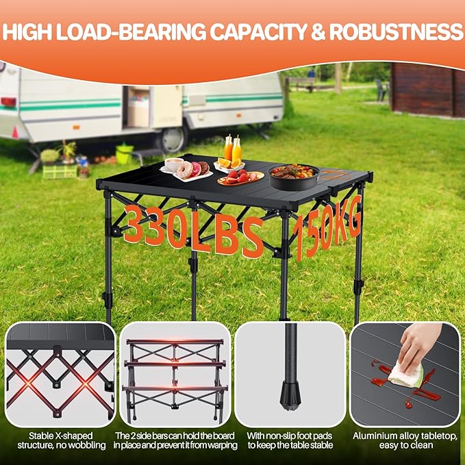 FUNYKICH Folding Camping Table(L26.4''xW22.8'') Aluminum Roll-up Portable Picnic Table with 2 Adjustable Height(17.3'' &amp 27.6'') for Picnic Camping BBQ Party Backyard Beach